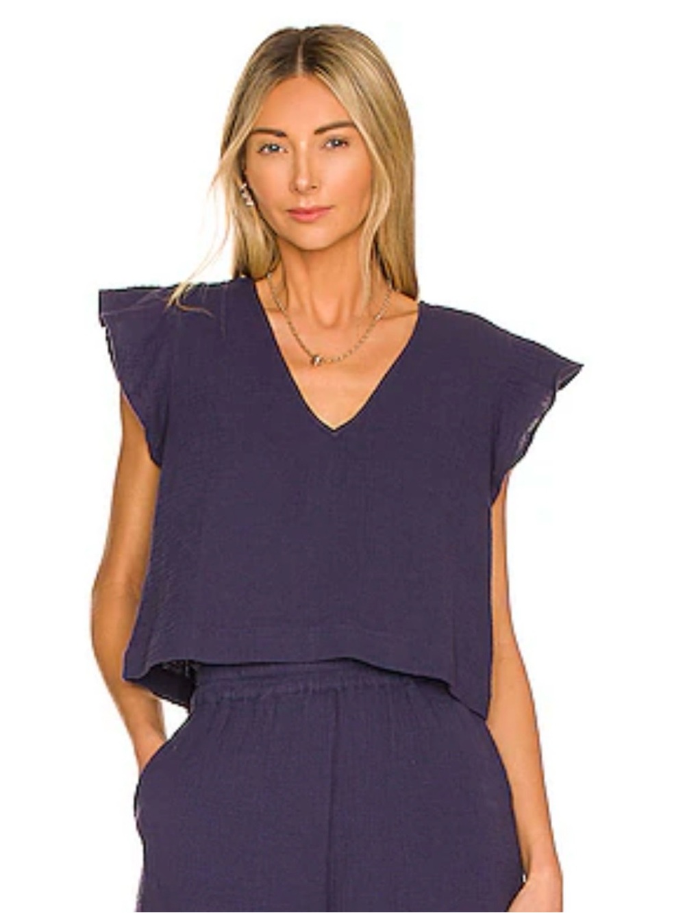 Rails Miley Flutter Sleeved Cropped Cotton Blouse Admiral Blue Size XS $158